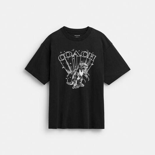 Image of a model wearing Tops. Productname: T-Rex Relaxed T-Shirt In Organic Cotton in WASHED BLACK colour by brand - Coach Outlet Australia