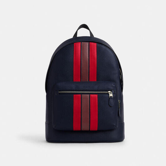 Image of Bags. Productname: West Backpack With Varsity Stripe in QB/MIDNIGHT NAVY MULTI colour by brand - Coach Outlet Australia