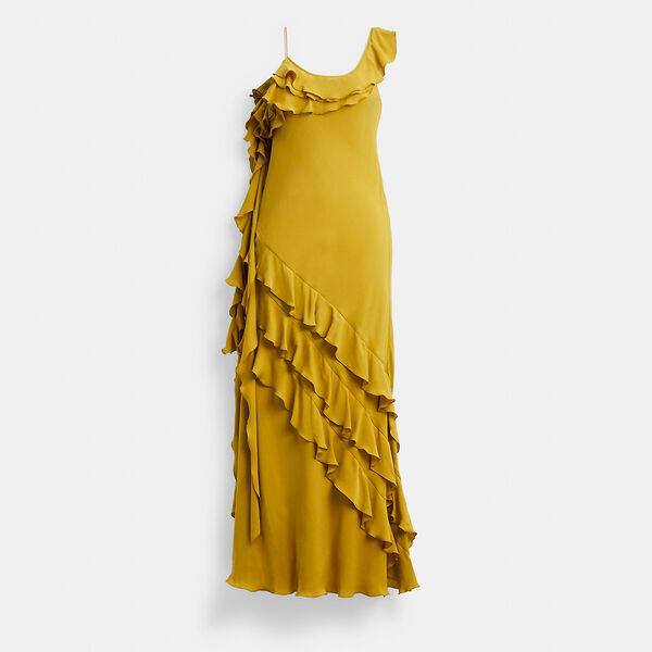 Image of Dresses. Productname: Bias Dress With Ruffle Neckline in Dark Yellow colour by brand - Coach Outlet Australia