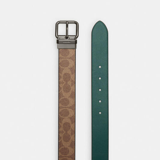 Image of Accessories. Productname: Roller Buckle Cut-To-Size Reversible Belt, 38Mm in TAN/EMERALD colour by brand - Coach Outlet Australia