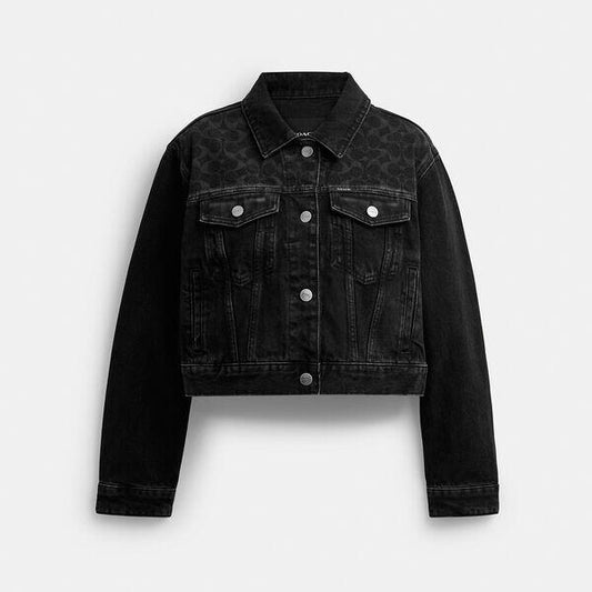 Image of a model wearing Outerwear. Productname: Denim Cropped Jacket in BLACK colour by brand - Coach Outlet Australia