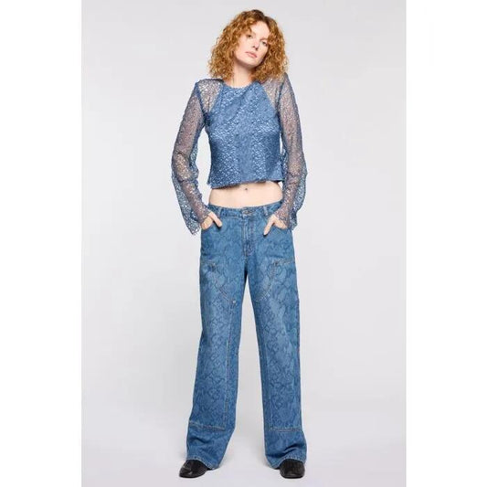 Image of a model wearing Denim. Productname: Snake Denim Jean in INDIGO STONE BLEACHED colour by brand - sass and bide