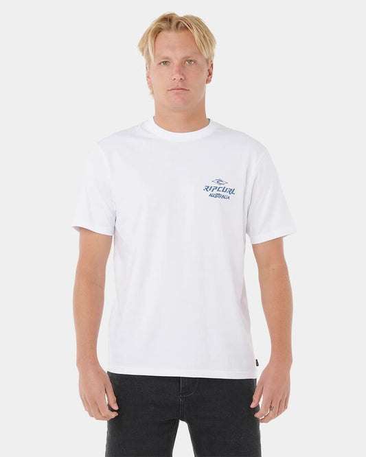 Image of a model wearing Tops. Productname: Rip Curl Mens Diamond Desto T-Shirt White - in White colour by brand - Rip Curl