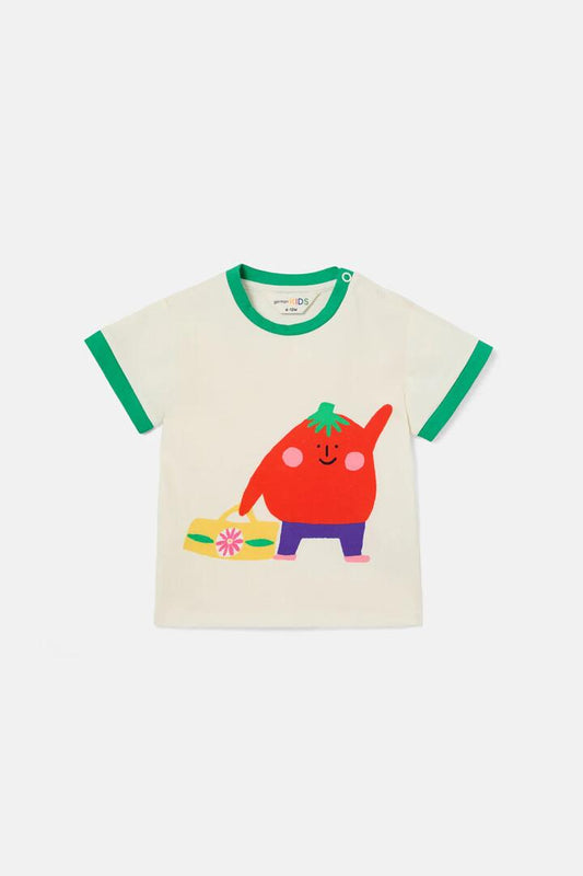 Image of a model wearing Tops. Productname: Tomato Guy Baby SS Tee in Cream colour by brand - Gorman