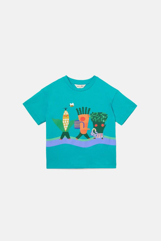 Image of a model wearing Tops. Productname: Veggie Guys Kids Ss Tee in Teal colour by brand - Gorman