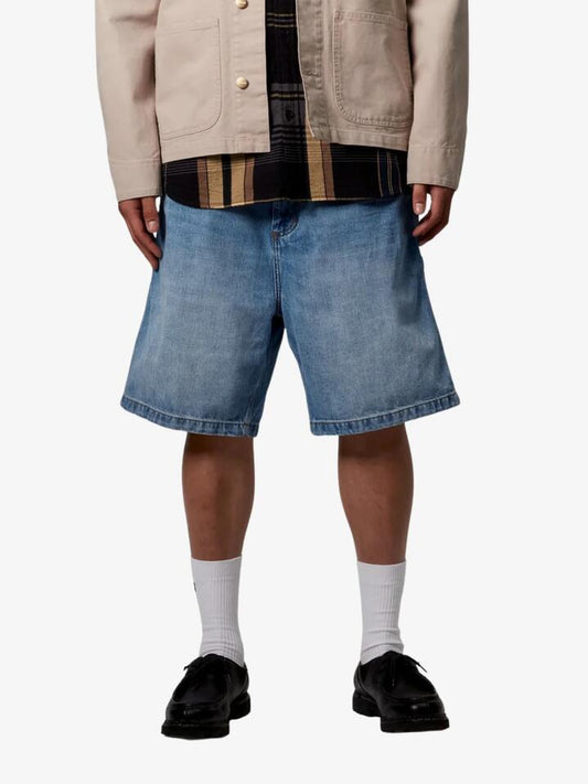 Image of a model wearing Shorts. Productname: Carhartt Wip Og Single Knee Short in Blue Burst Washed colour by brand - Carhartt Wip