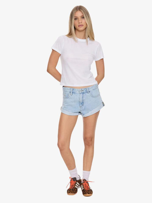 Image of a model wearing Shorts. Productname: Thrills Remi Rolled Low Rise Baggy Short in Serenity Blue colour by brand - Thrills