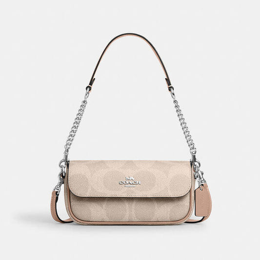 Image of Bags. Productname: Hailey Flap Bag In Signature Canvas in SV/SAND/TAUPE colour by brand - Coach Outlet Australia