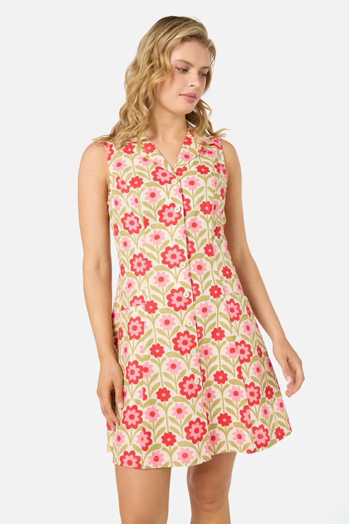 Image of a model wearing Dress. Productname: Cleo Geo Mini Collared Dress in Cream colour by brand - Princess Highway