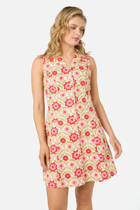 Image of a model wearing Dress. Productname: Cleo Geo Mini Collared Dress in Cream colour by brand - Princess Highway