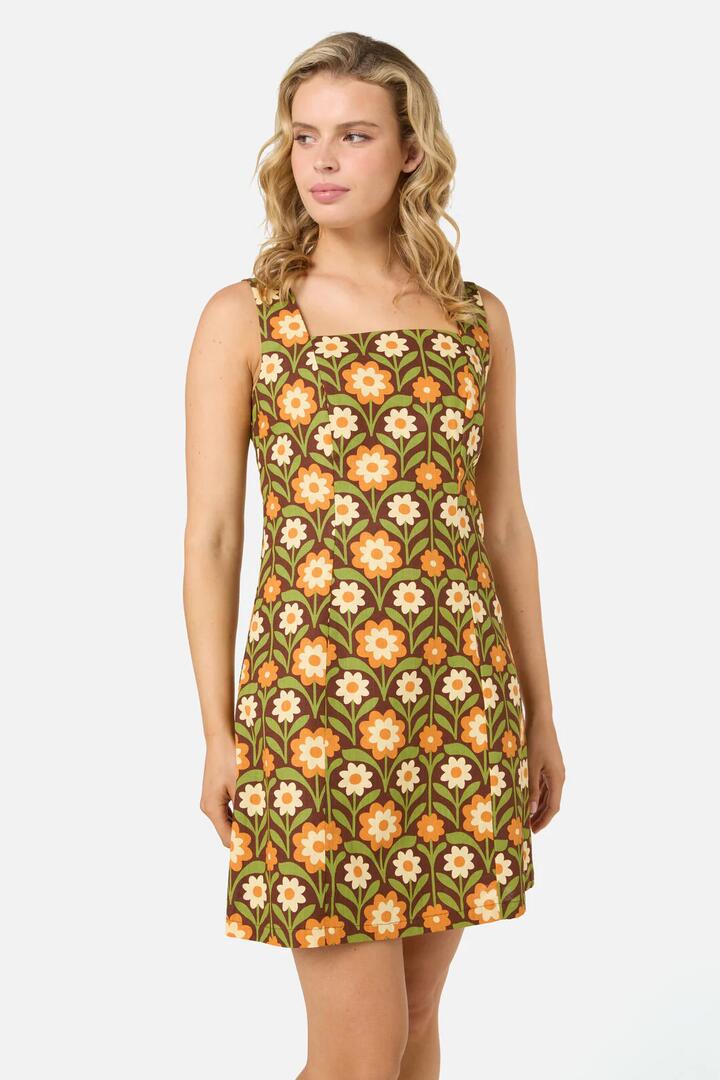 Image of a model wearing Dress. Productname: Cleo Geo Mini Shift Dress in Brown colour by brand - Princess Highway