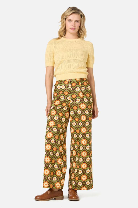 Image of a model wearing Pants. Productname: Cleo Geo Relaxed Pant in Brown colour by brand - Princess Highway
