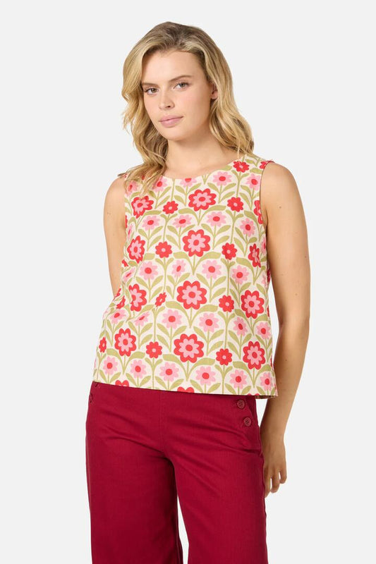 Image of a model wearing Tops. Productname: Cleo Geo Shell Top in Cream colour by brand - Princess Highway