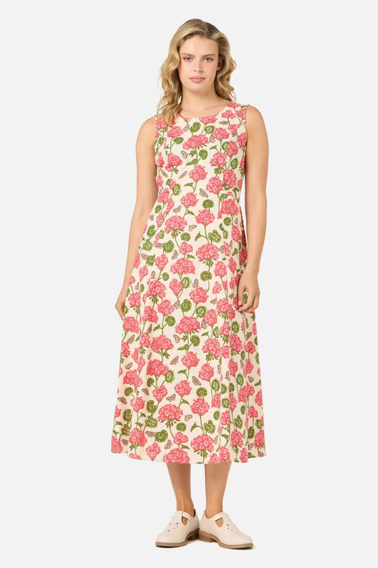 Image of a model wearing Dress. Productname: Geranium Flower Midi Dress in Cream colour by brand - Princess Highway