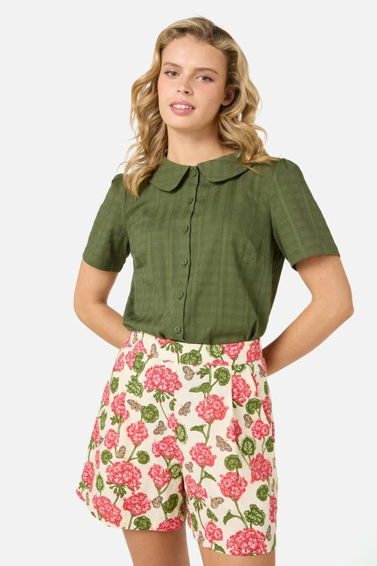 Image of a model wearing Shorts. Productname: Geranium Flower Short in Cream colour by brand - Princess Highway