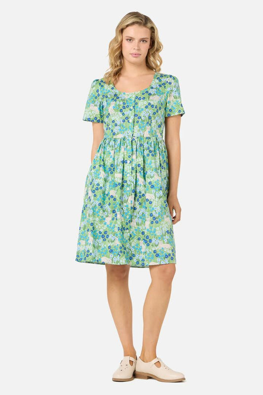 Image of a model wearing Dress. Productname: Cat & Flora Short Sleeve Dress in Blue colour by brand - Princess Highway