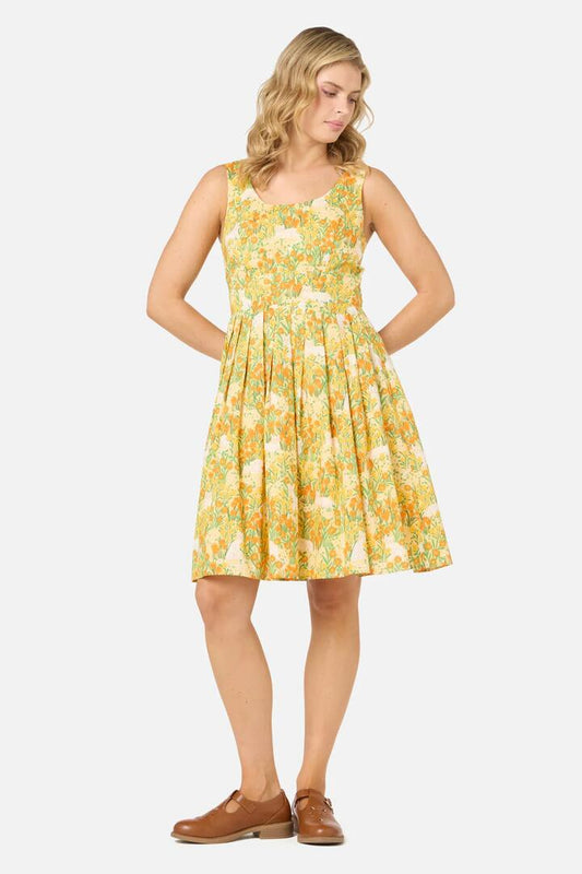 Image of a model wearing Dress. Productname: Cat & Flora Sun Dress in Orange colour by brand - Princess Highway