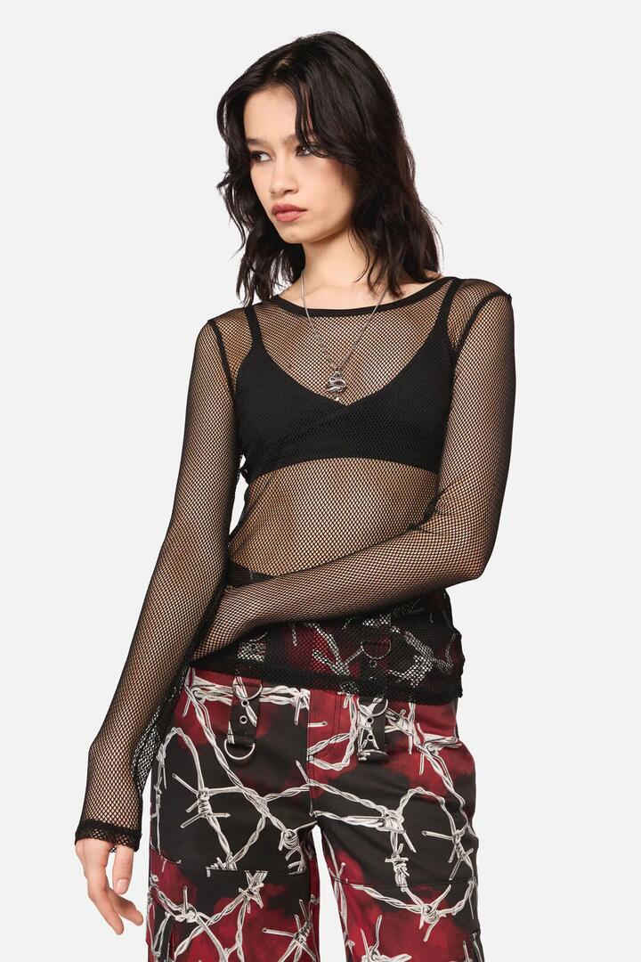 Image of a model wearing Tops. Productname: Basic Mesh Top in Black colour by brand - Dangerfield
