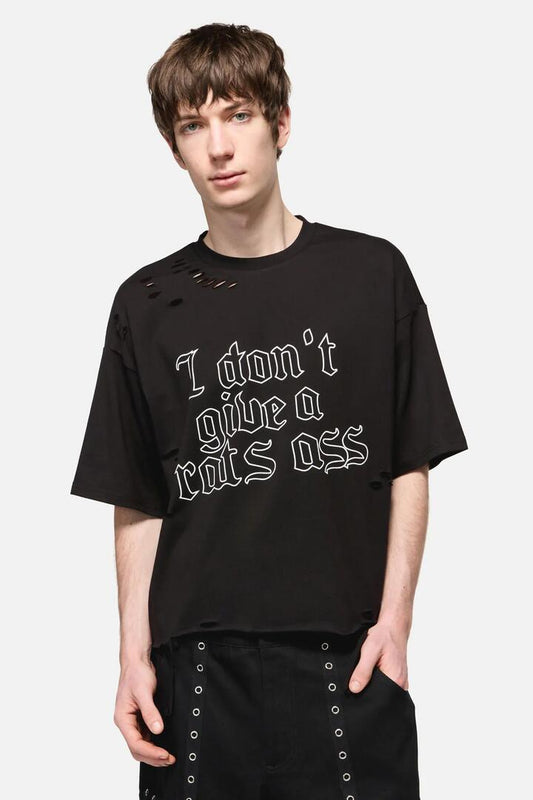 Image of a model wearing Tops. Productname: Rats Ass Distressed Tee in Black colour by brand - Black Friday