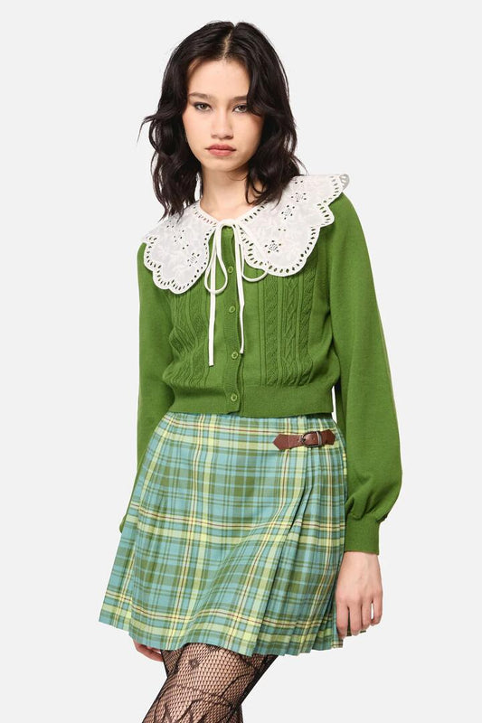 Image of a model wearing Outerwear. Productname: Insect Lover Lace Trim Cardigan in Green colour by brand - Dangerfield