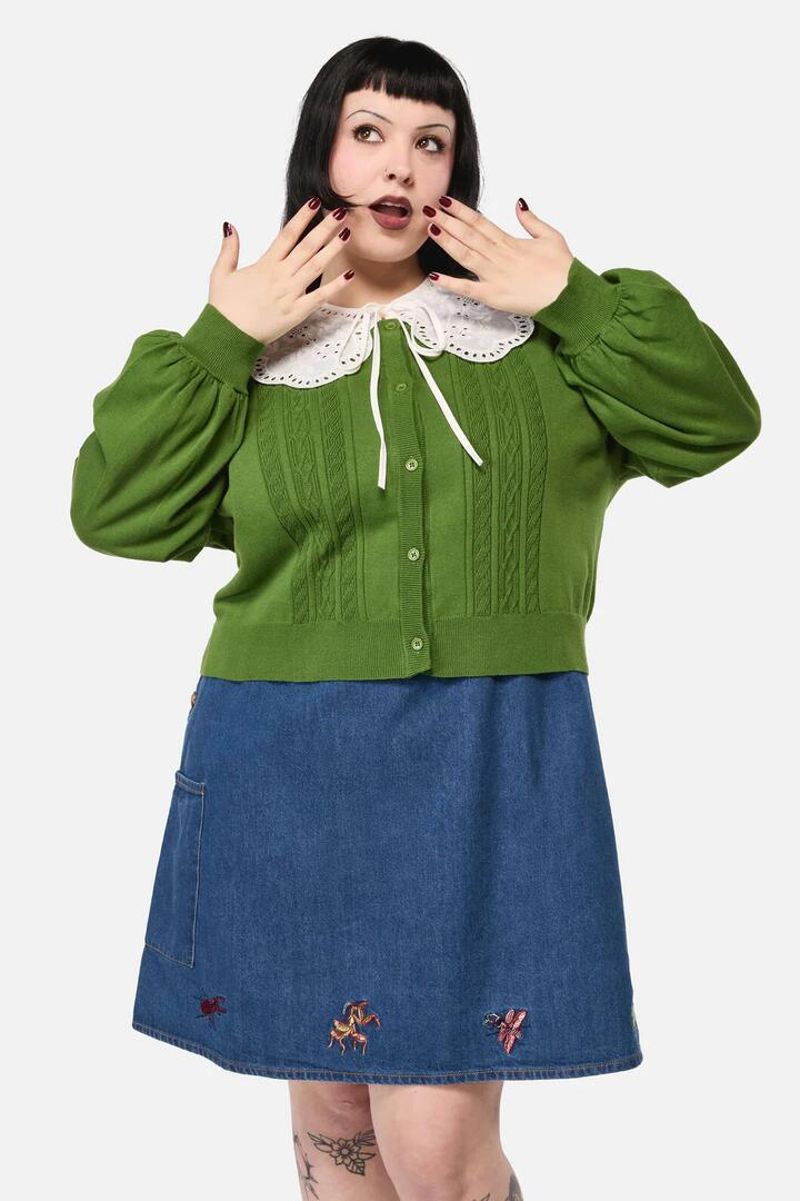 Image of a model wearing Outerwear. Productname: Curve Insect Lover Lace Trim Cardigan in Green colour by brand - Dangerfield
