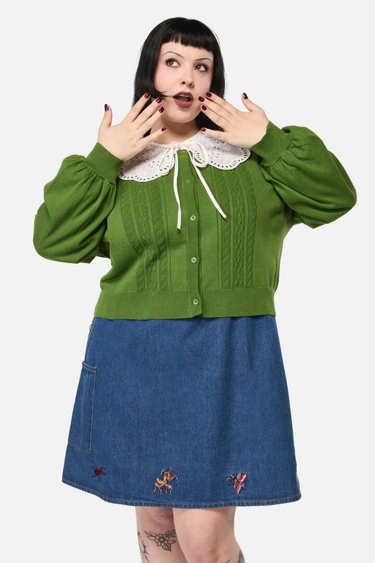 Image of a model wearing Outerwear. Productname: Curve Insect Lover Lace Trim Cardigan in Green colour by brand - Dangerfield