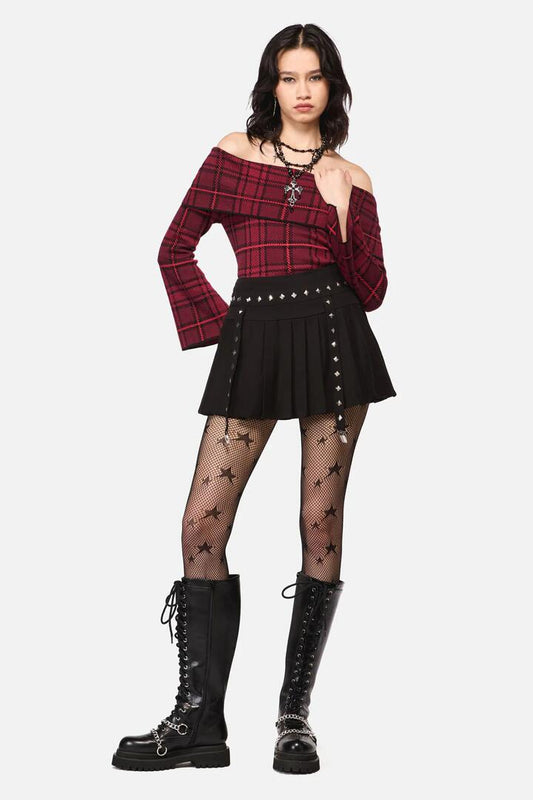 Image of a model wearing Skirts. Productname: Barb Stud Trim Skort in Black colour by brand - Dangerfield