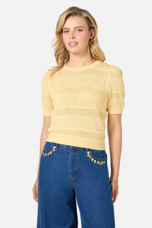 Image of a model wearing Tops. Productname: Tamsin Lacey Heart Knit Top in Lemon colour by brand - Princess Highway