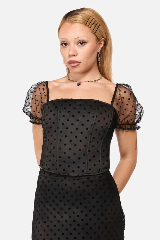 Image of a model wearing Tops. Productname: Polka Party Corset Top in Black colour by brand - Black Friday