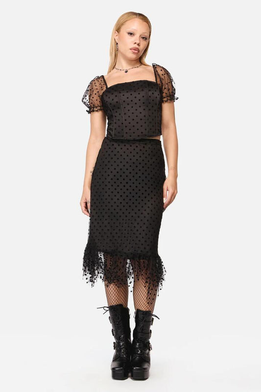 Image of a model wearing Skirts. Productname: Polka Party Mesh Skirt in Black colour by brand - Black Friday