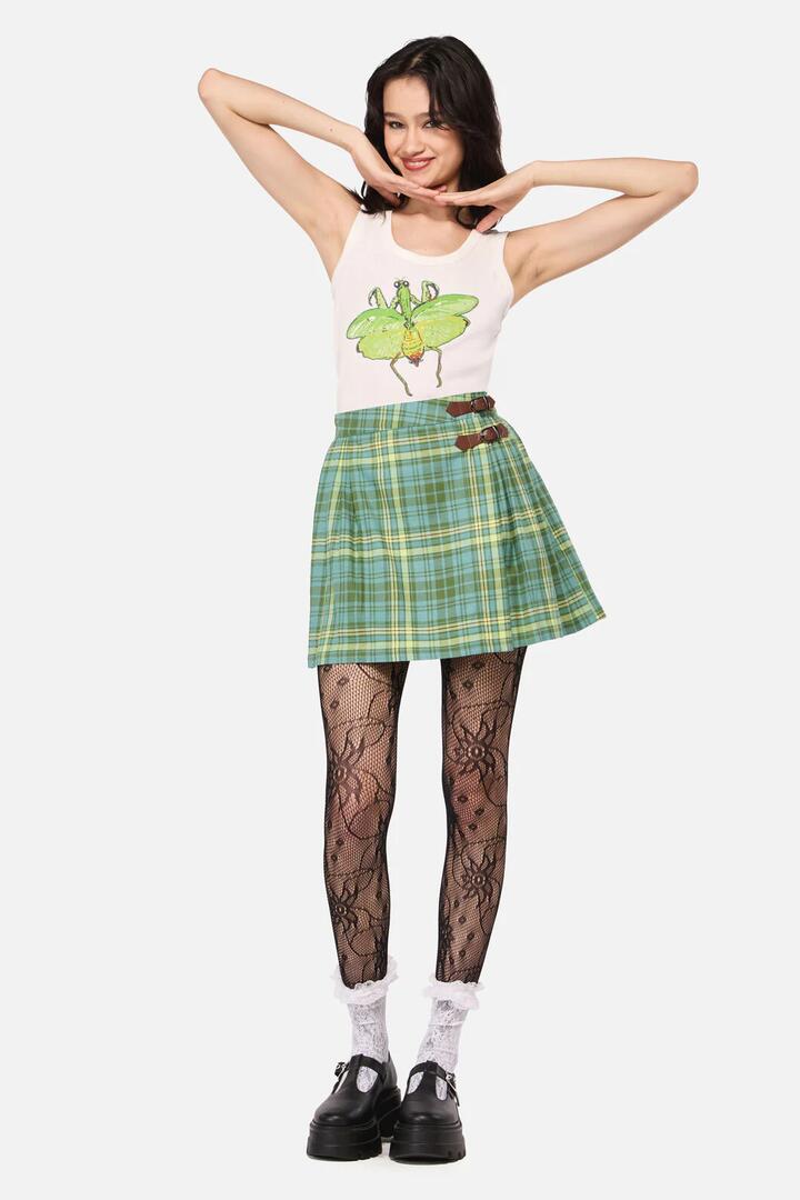 Image of a model wearing Skirts. Productname: Insect Obsessed Tartan Mini Skirt in Teal colour by brand - Dangerfield