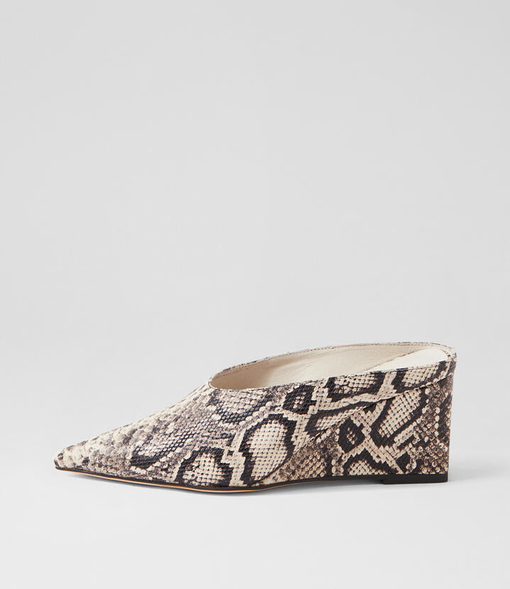 Image of Sandals. Product name - Loe Cream Black Snake Leather Mules in Cream&Black colour by brand - MOLLINI