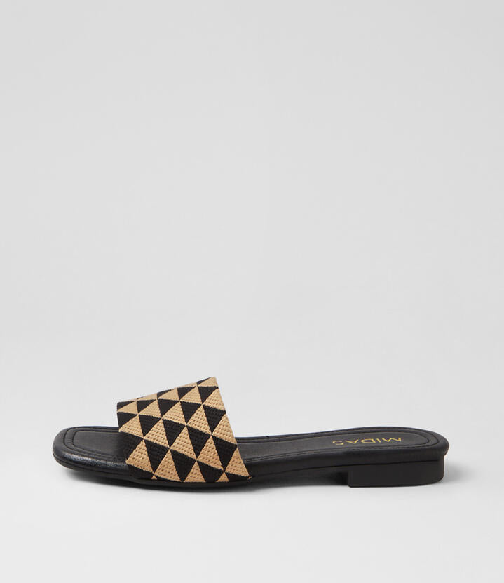 Image of Slippers. Productname: Gale Black Natural Fabric Slides in BLACK-NATURAL colour by brand - MIDAS