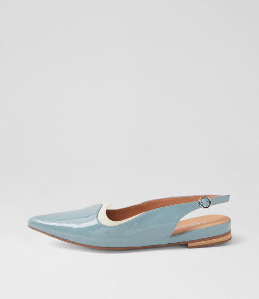 Image of a model wearing Denim. Productname: Yersis Denim Milk Patent Leather Flat Shoes in DENIM-MILK colour by brand - MIDAS