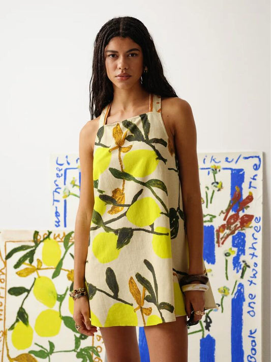 Image of a model wearing Dress. Productname: Topshop A-Line Mini Dress in Lemon Print colour by brand - Topshop