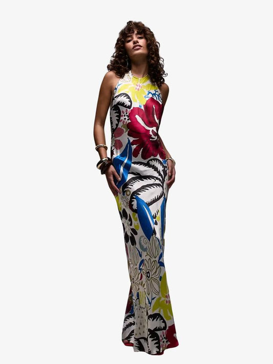 Image of a model wearing Tops. Productname: Topshop Halter Neck Maxi Dress in Multi colour by brand - Topshop