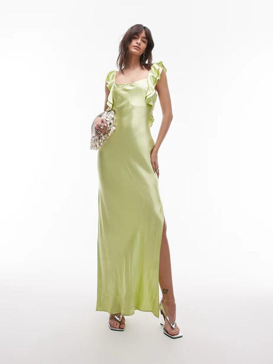 Image of a model wearing Dress. Productname: Topshop Ruffle Shoulder Slip Dress in Lime colour by brand - Topshop