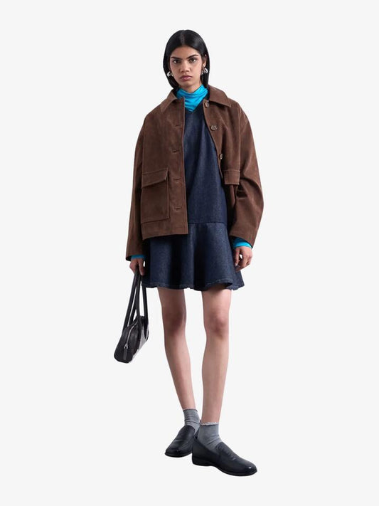 Image of a model wearing Outerwear. Productname: Topshop Faux Suede Boxy Jacket in Brown colour by brand - Topshop