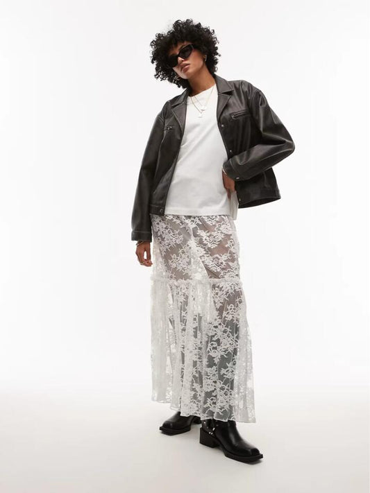 Image of a model wearing Outerwear. Productname: Topshop Faux Leather Jacket in Washed Black colour by brand - Topshop