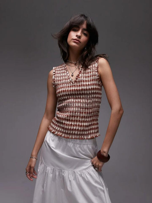 Image of a model wearing Tops. Productname: Topshop V Neck Sleeveless Shirred Top in Rust colour by brand - Topshop
