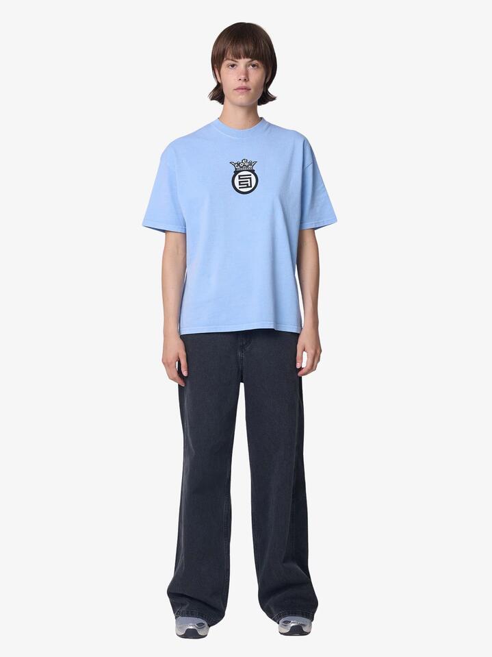 Image of a model wearing Tops. Productname: S-Double Crown Dot Ss Tee in Pigmentwash Blu colour by brand - S-Double