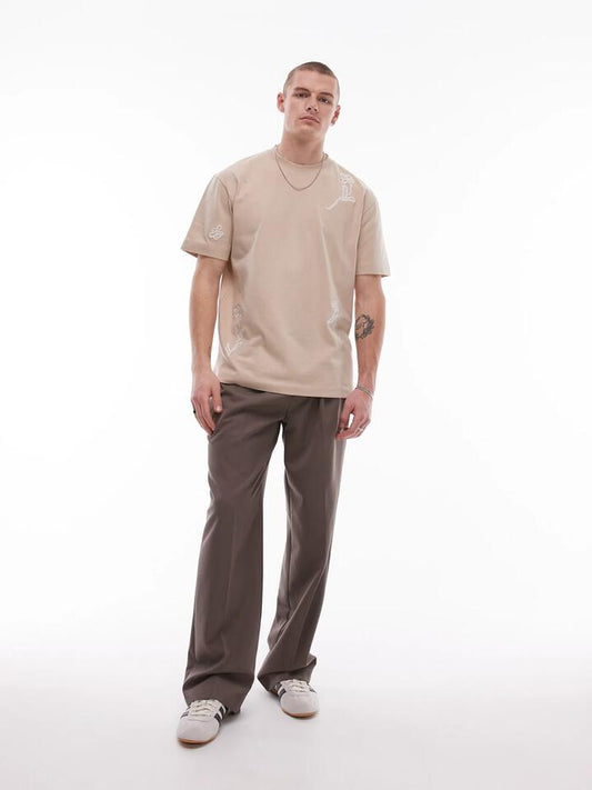 Image of a model wearing Tops. Productname: Topman Oversized Floral Embroidery Shirt in Stone colour by brand - Topman