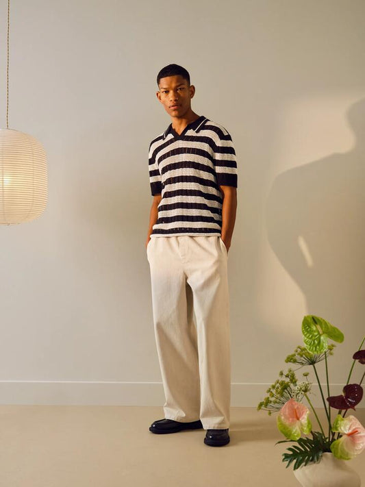 Image of a model wearing Tops. Productname: Topman Ladder Stitch Crochet Polo Shirt in Monochrome colour by brand - Topman