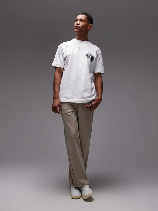 Image of a model wearing Tops. Productname: Topman Oversized Abstract Scribble Applique Shirt in White colour by brand - Topman