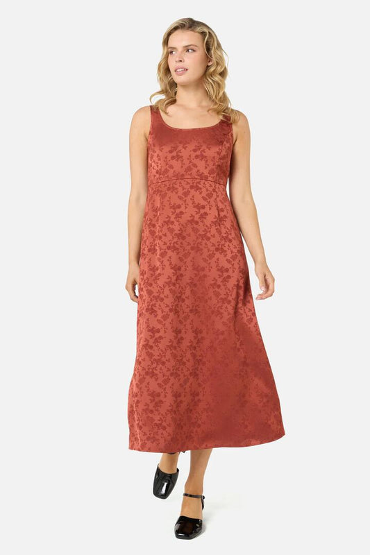 Image of Dresses. Productname: Roma Satin Embossed Midi Dress in Burnt Orange colour by brand - Princess Highway