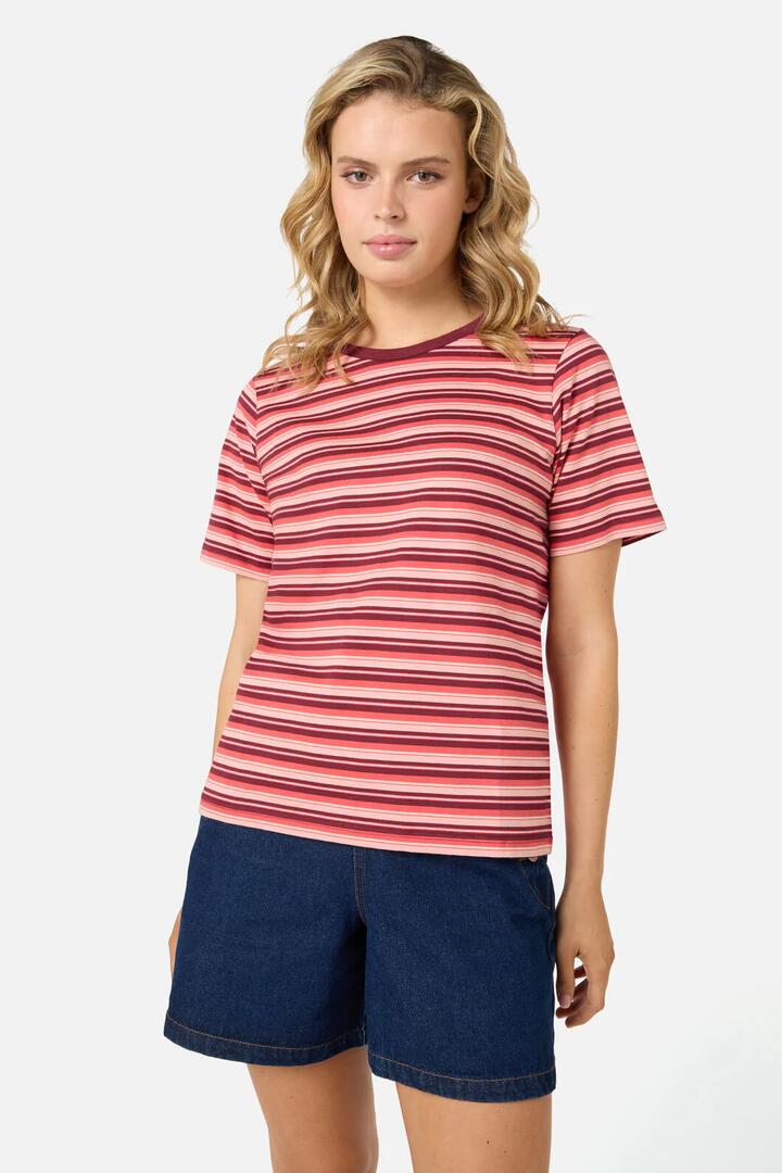 Image of a model wearing Tops. Productname: Judy Retro Stripe Tee in Chocolate colour by brand - Princess Highway