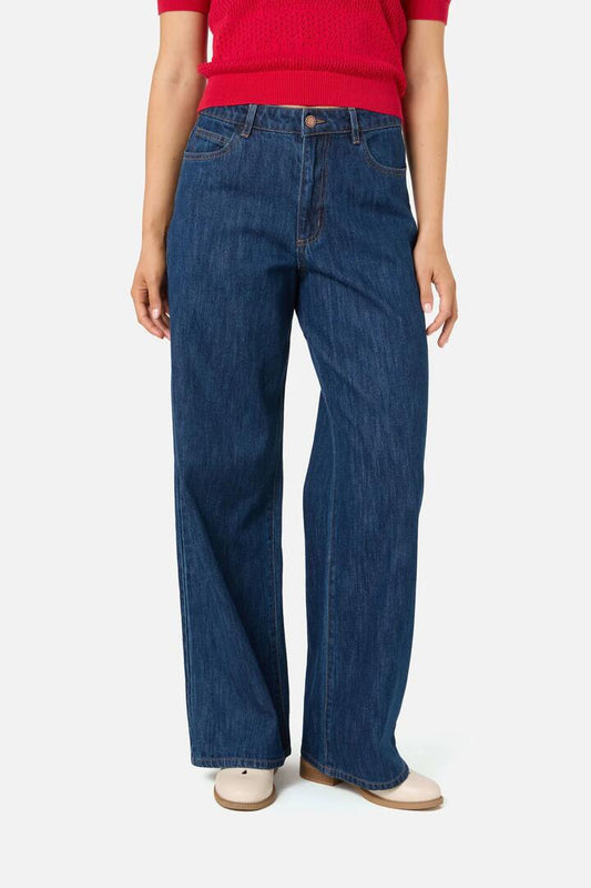 Image of a model wearing Denim. Productname: Philippa Indigo Relaxed Jean in Blue Denim colour by brand - Princess Highway