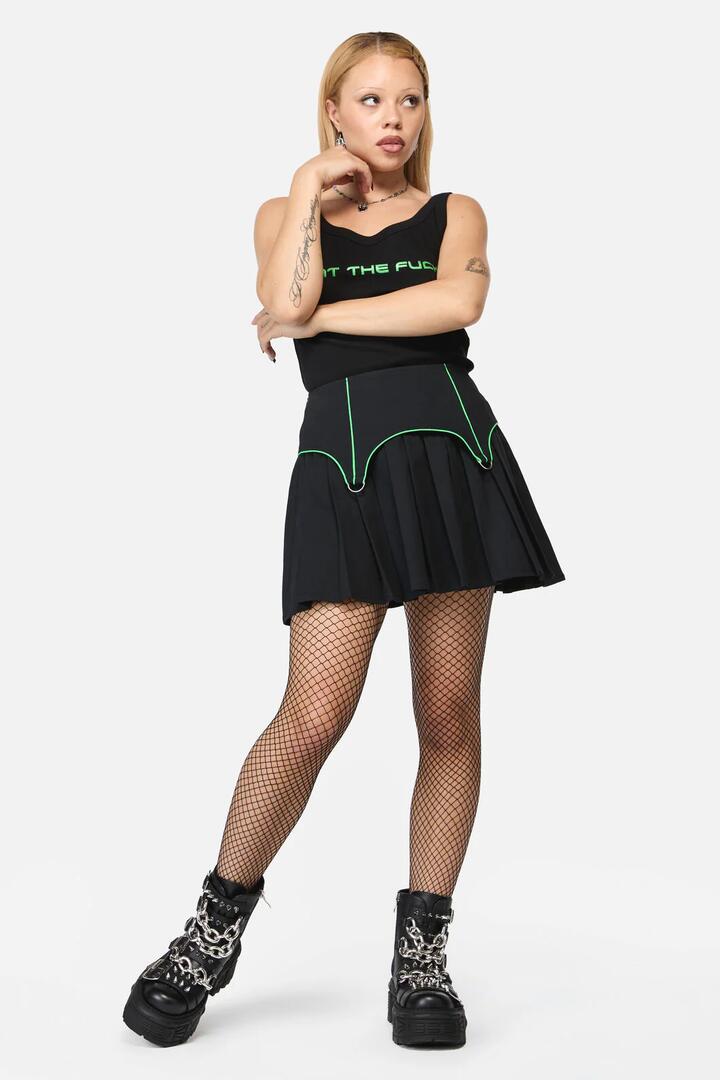 Image of a model wearing Skirts. Productname: Hazardous Goth Skort in Black colour by brand - Black Friday