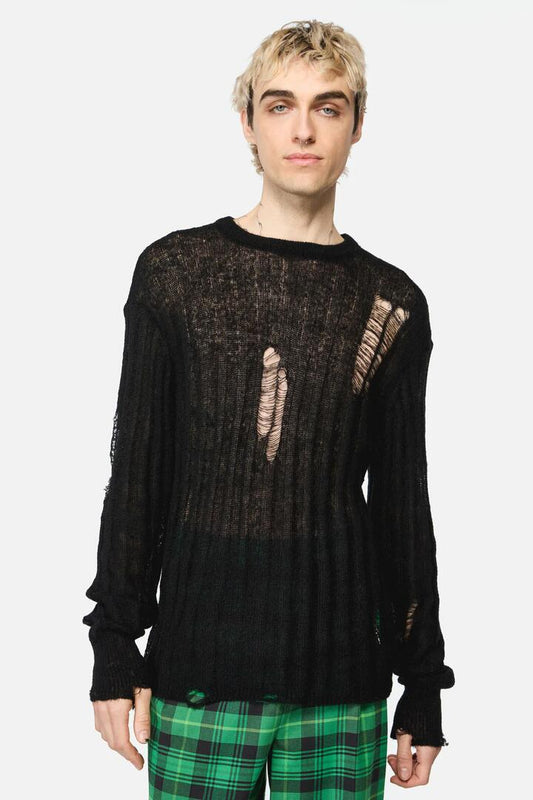 Image of a model wearing Outerwear. Productname: Shock Distressed Knit Jumper in Black colour by brand - Black Friday
