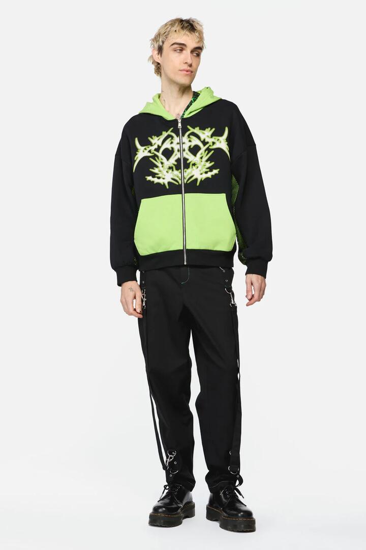Image of a model wearing Outerwear. Productname: Shock To The System Zipper Hoodie in Green/Black colour by brand - Black Friday